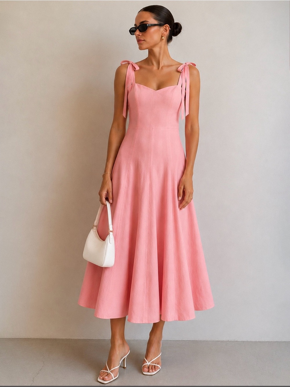 Commense Rose-Pink Tie-Shoulder Midi Dress